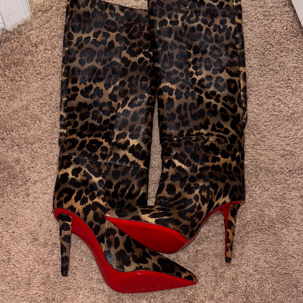 Christian Louboutin Leopard Print Heeled Boots with Red Soles - Picture 1 of 1